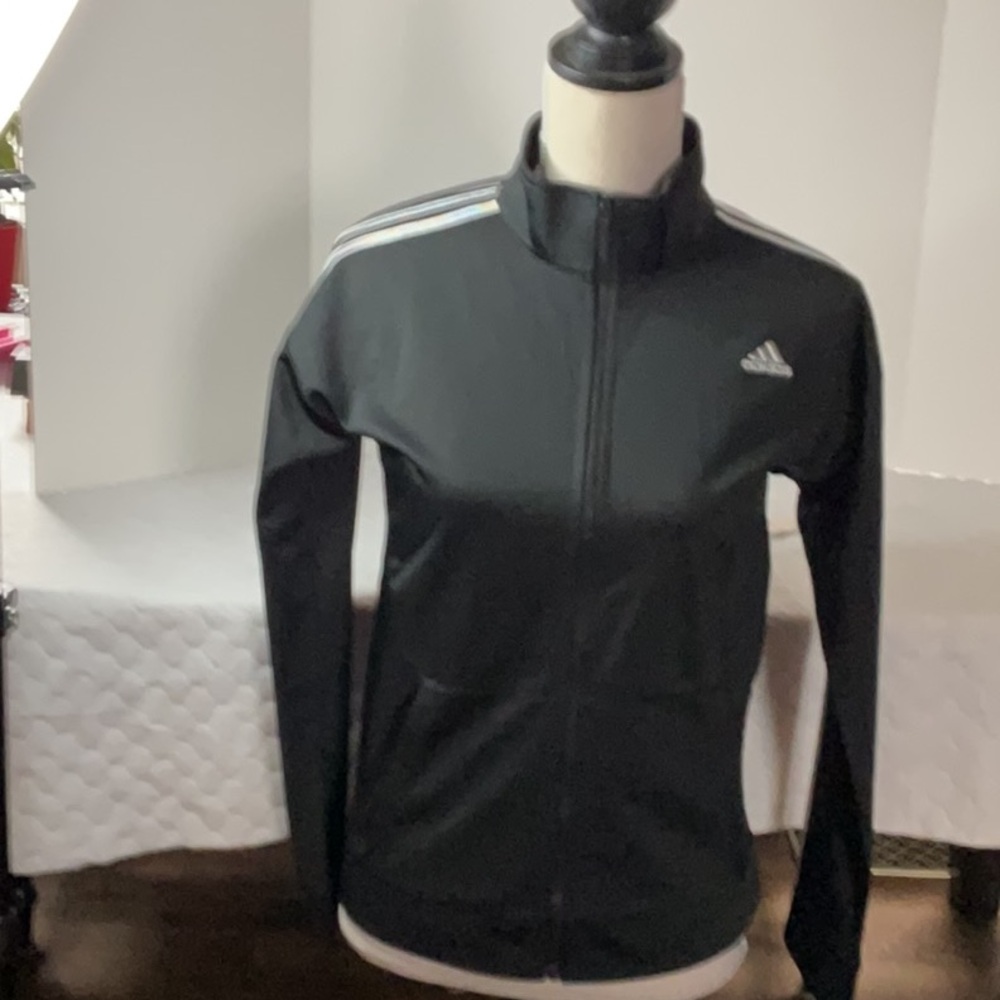 Adidas Big Girls Black  Track Jacket with silver stripes
